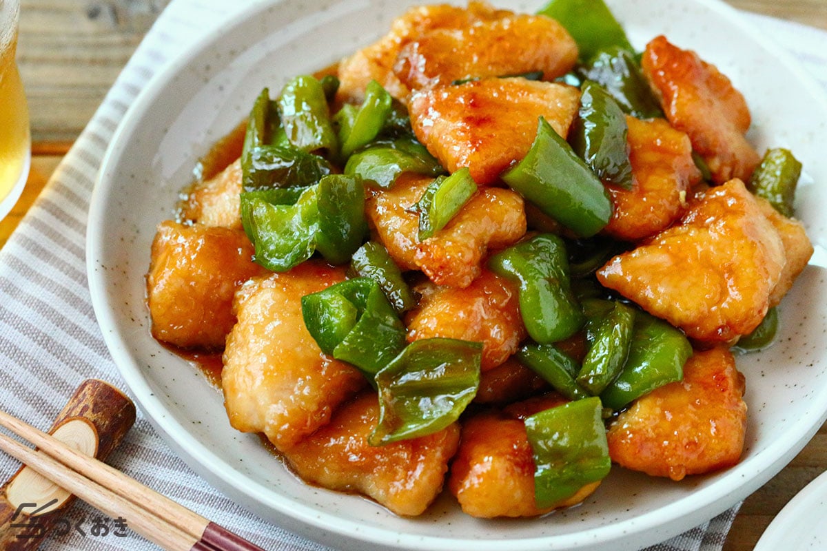 鶏むねから揚げとピーマンの中華炒め