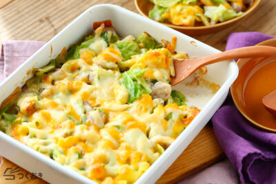 鶏肉とキャベツのマカロニチーズグラタンの料理写真