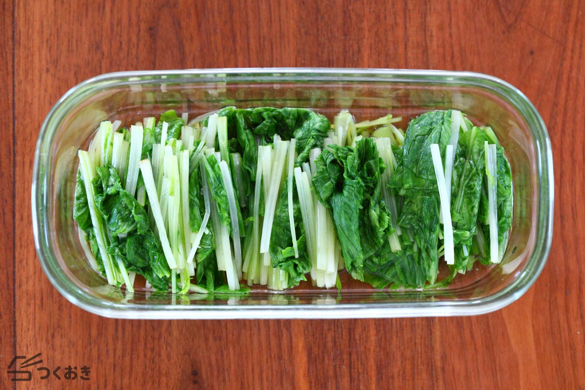 レンジで簡単 水菜のおひたしの冷蔵保存写真