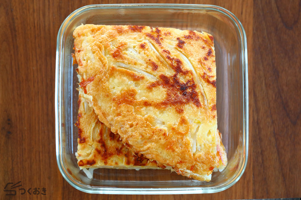 包丁いらず！もやしとチーズのお好み焼き風の冷蔵保存写真
